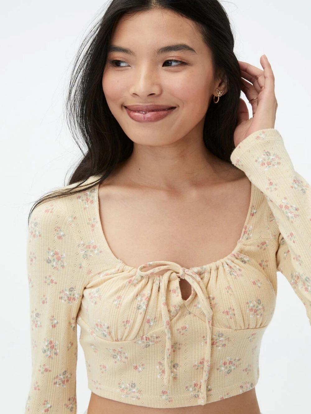 Aeropostale Beige Floral Tie-Front Ribbed Long-Sleeve Crop Top Size Small EUC